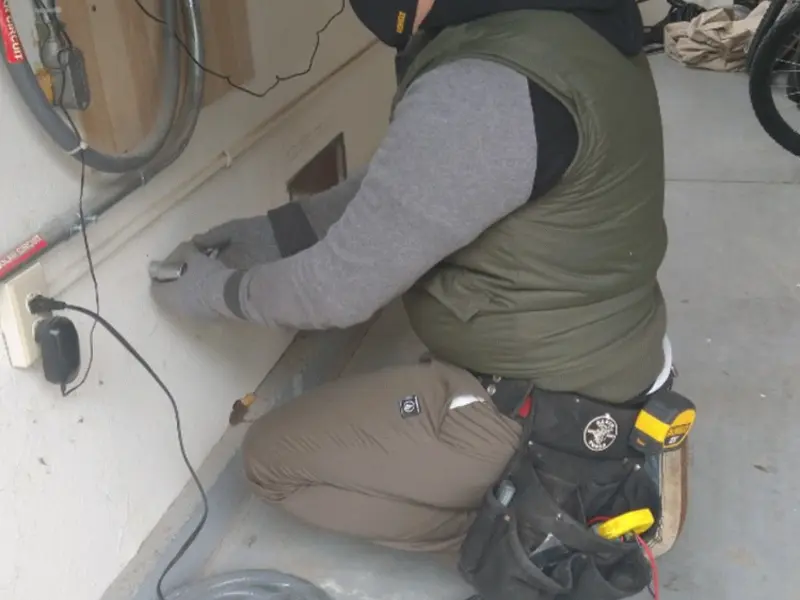 Electrician performing outlet wiring in a Douglas garage